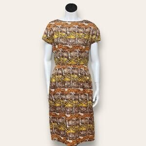Vintage Cream, orange, yellow, and brown sheathe dress, size small